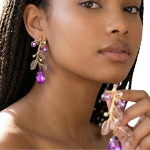 Eggplant Purple Crystal Coconut Stud Dangle Drop Earrings